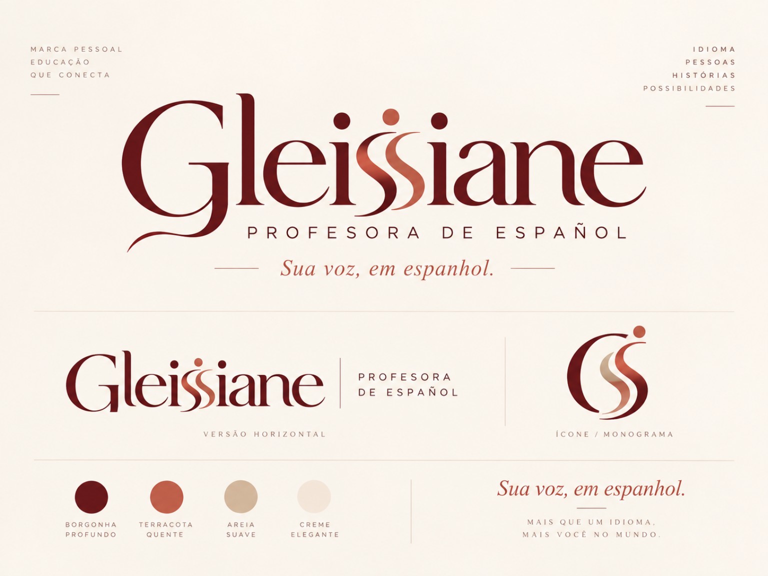 Prancha de identidade: logo Gleissiane em borgonha e terracota, versão horizontal e monograma GS